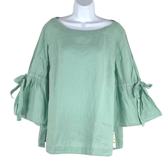 Charter Club Top Women's Medium Linen Mint‎ Green Bell Tie Sleeve NWT TP-2001 - Picture 1 of 11